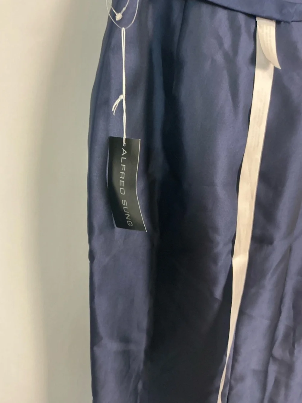ALFRED SUNG Midnight Navy Satin Bateau Neck Column Gown - Picture 4 of 5